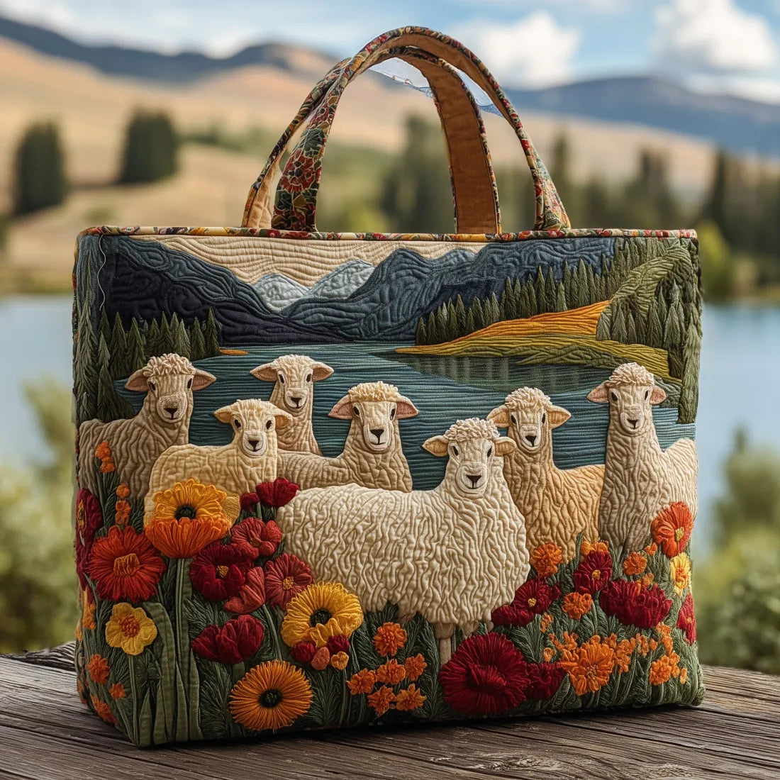 Handgefertigte Tasche - Schafe am See