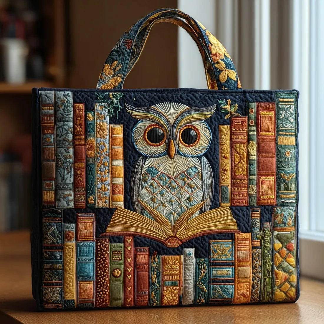 Handgefertigte Tasche - Eule und alte Bücher