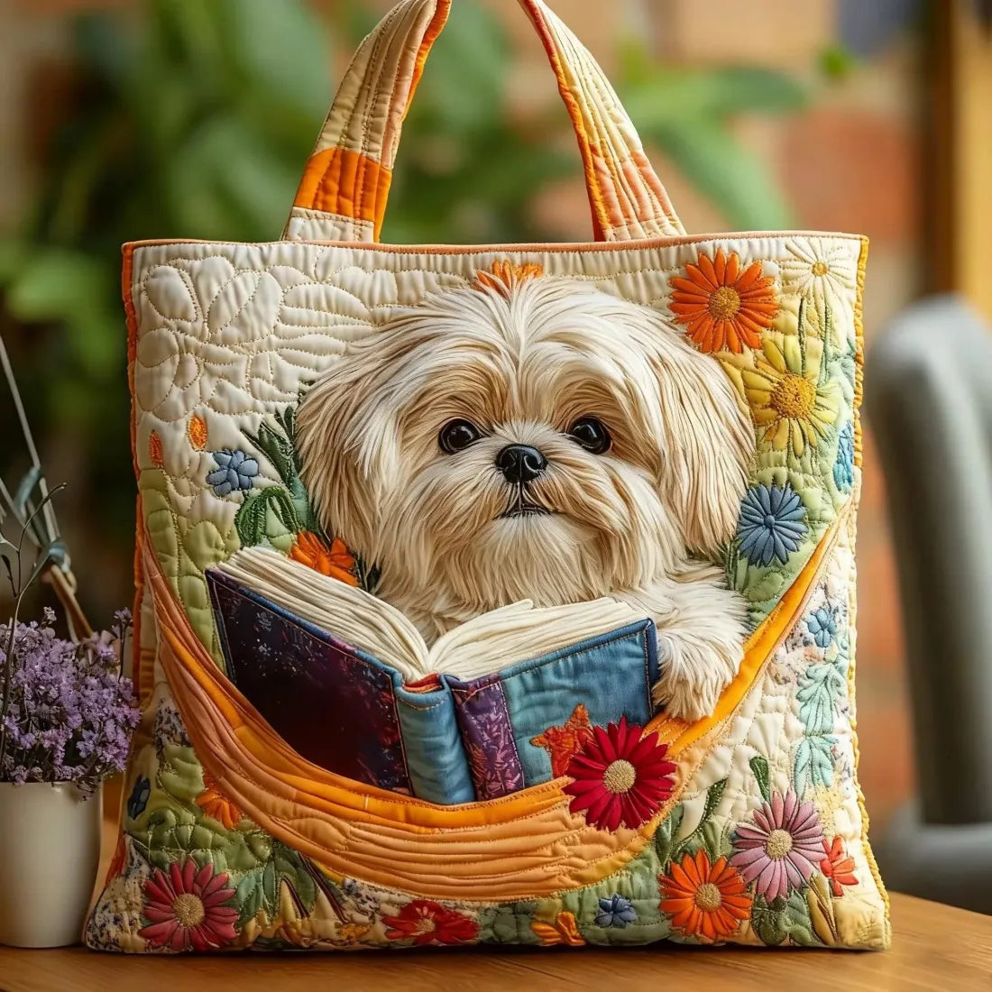 Handgefertigte Tasche - Shih Tzu mit Büchern und Blumen