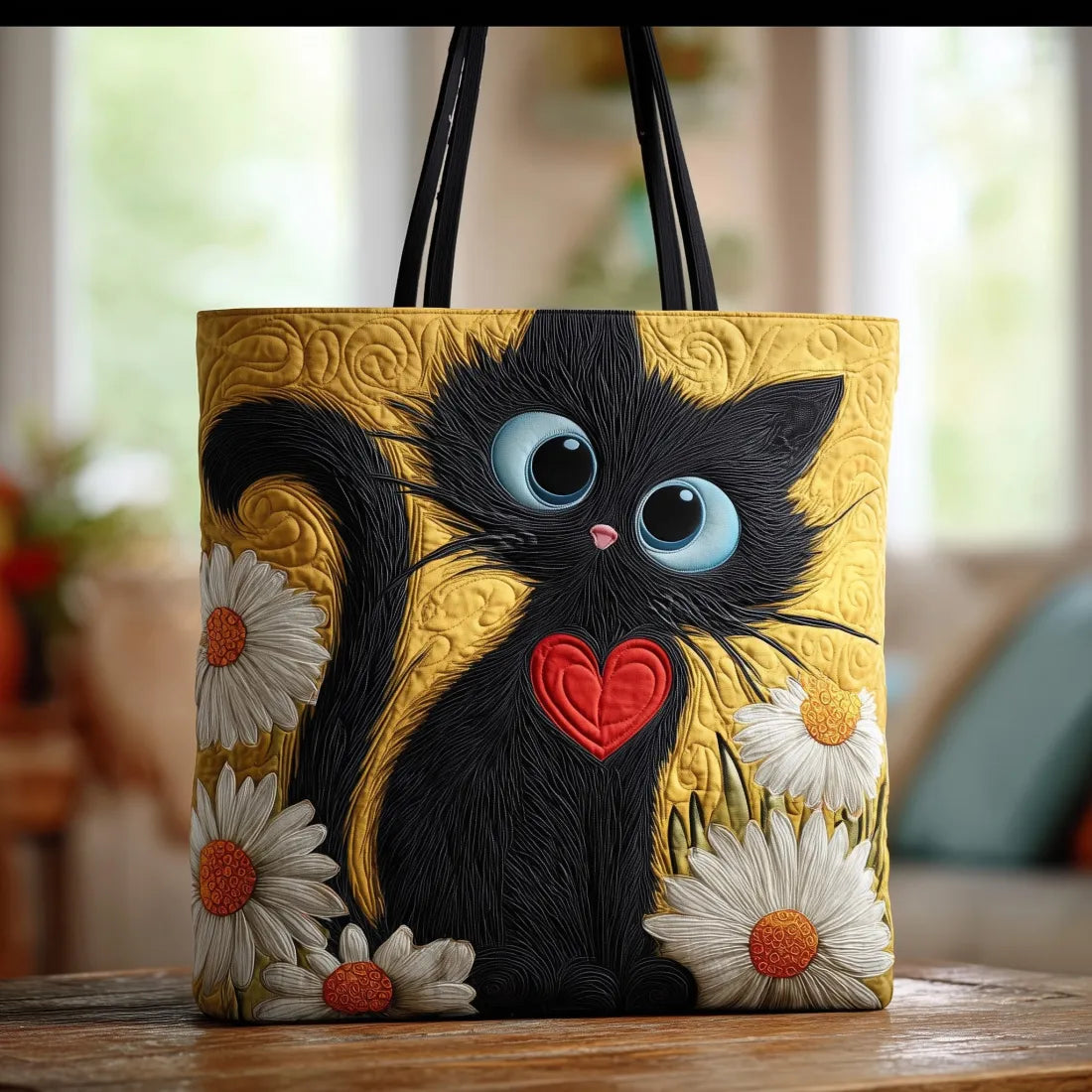 Handgefertigte Tasche - Schwarze Katze mit Gänseblümchen