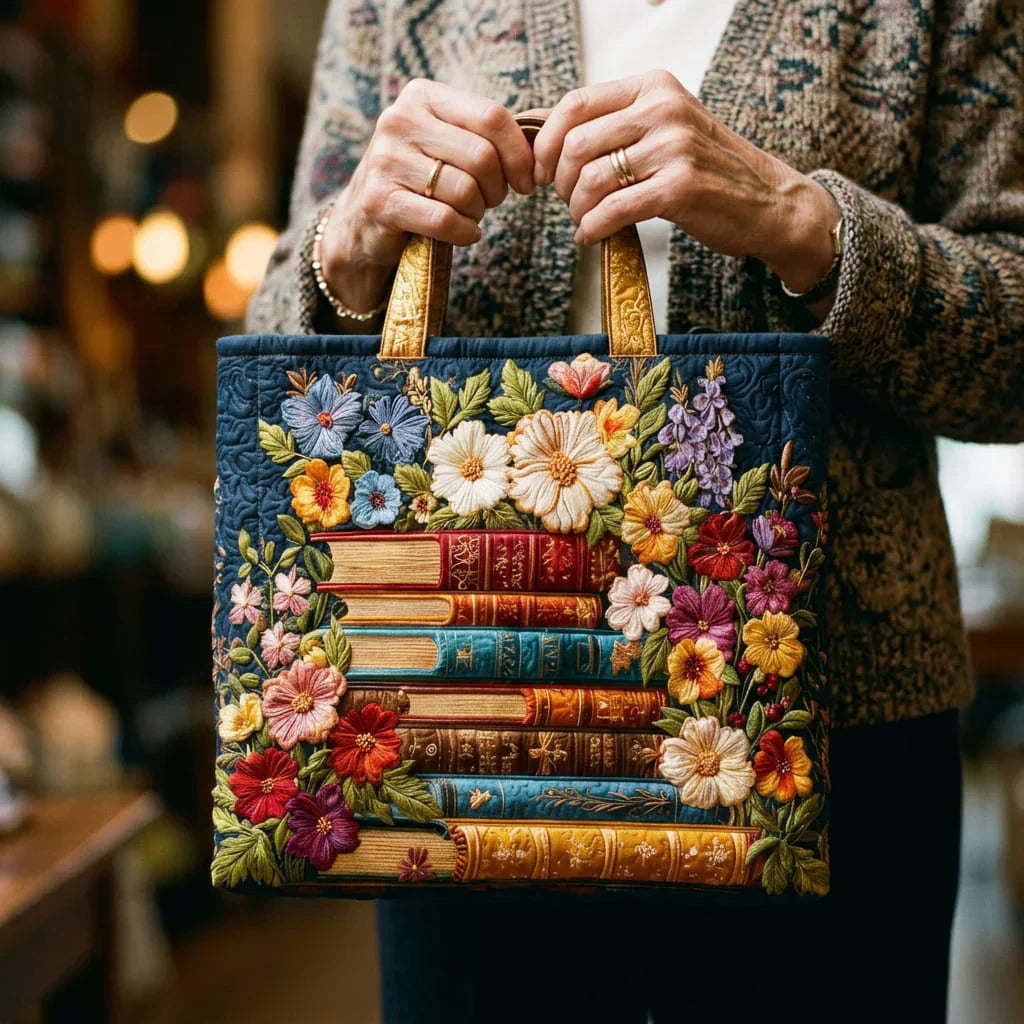 Handgefertigte Tasche - Blumendruck und Bücher