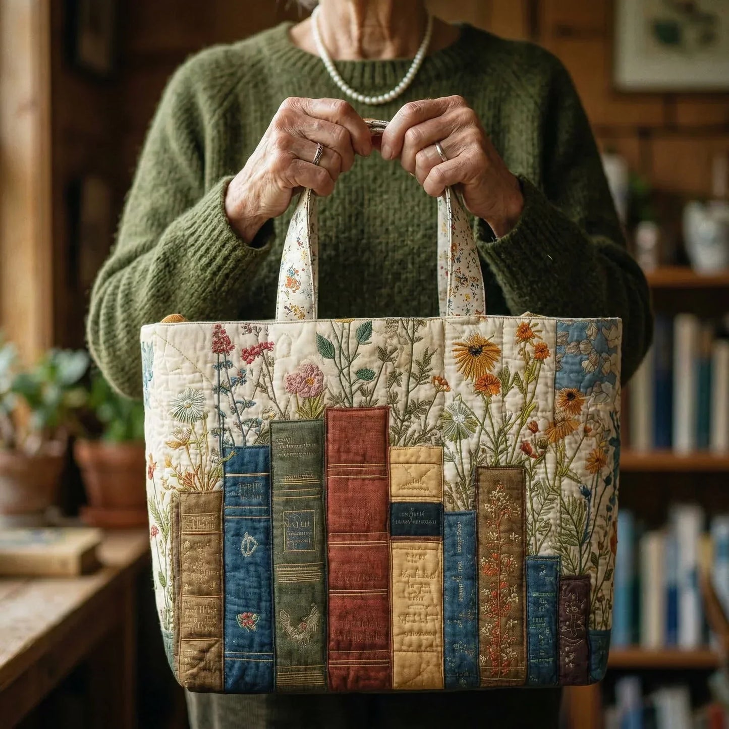 Handgefertigte gesteppte Tasche - Bücher und Blumen