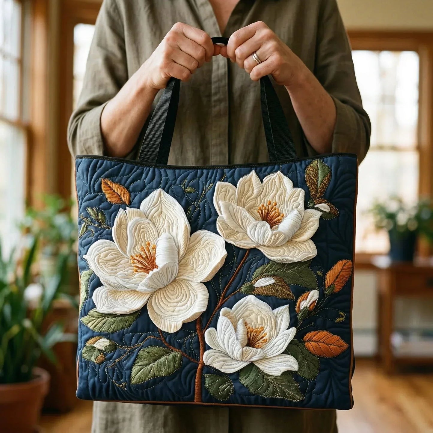 Handgefertigte gesteppte Tasche - Zarte Magnolie