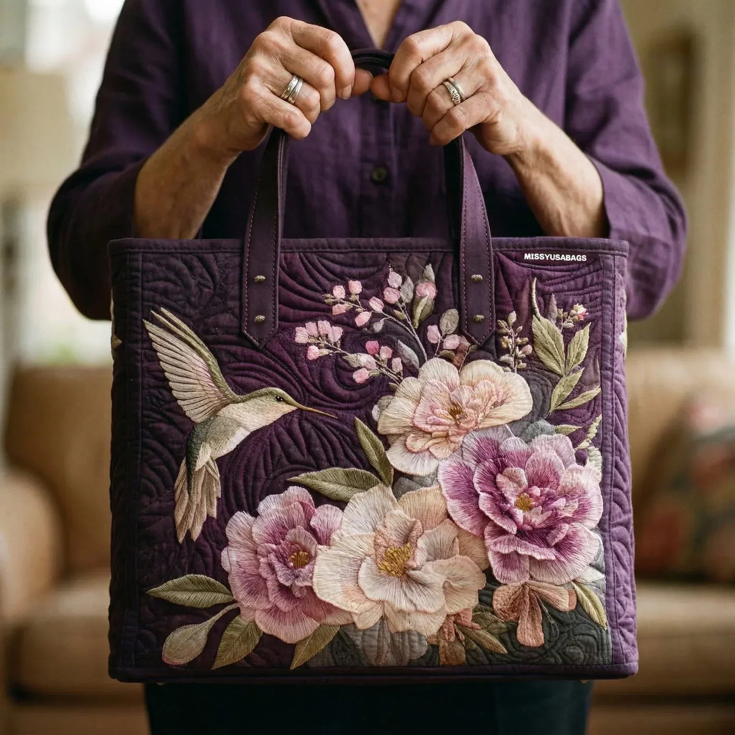 Handgefertigte gesteppte Tasche - Kolibri und Orchideen
