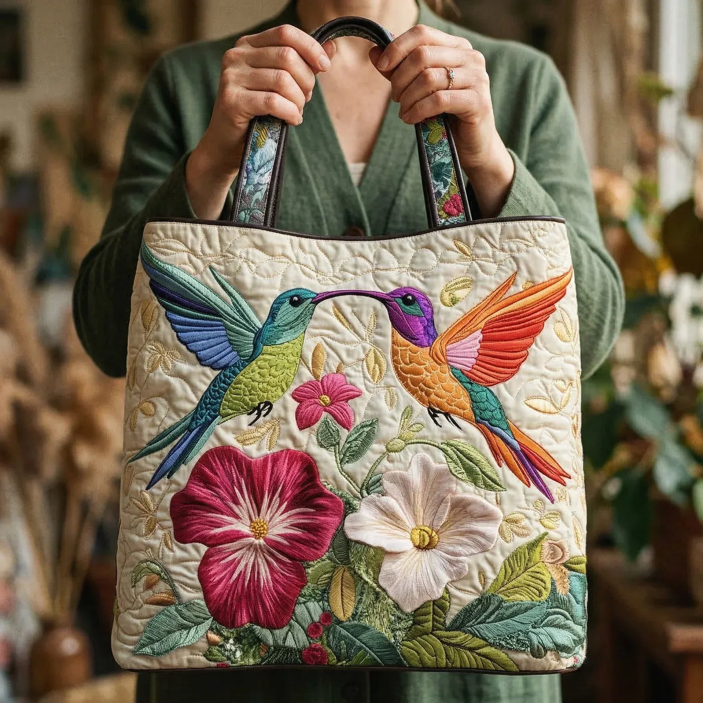 Gesteppte Tasche - Kolibri und weiße Blumen