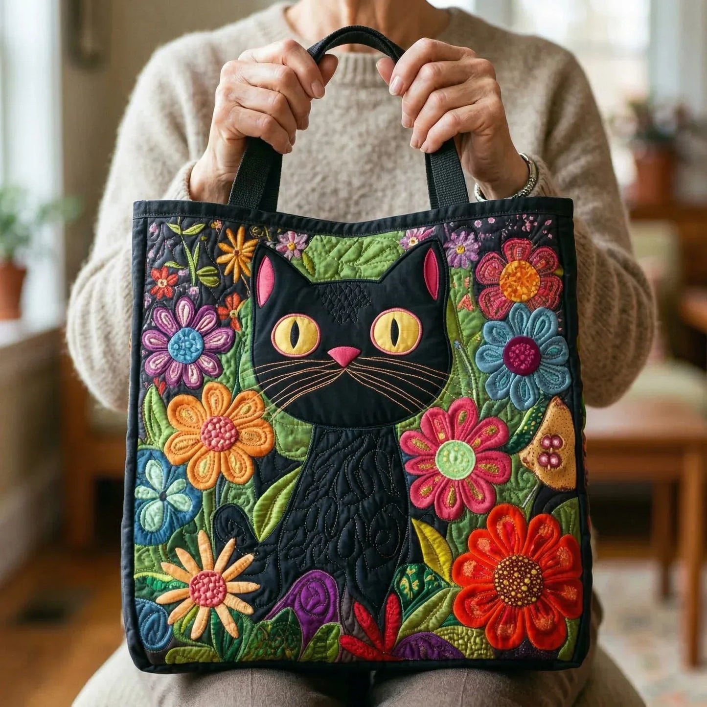 Gesteppte Tasche - Verzauberte schwarze Katze