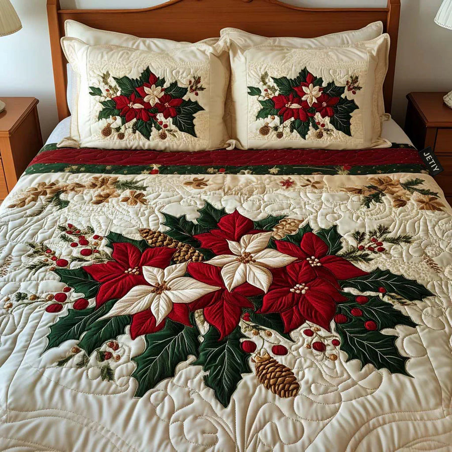 3-teiliges gestepptes Bettwäsche-Set - Charme des Weihnachtssterns