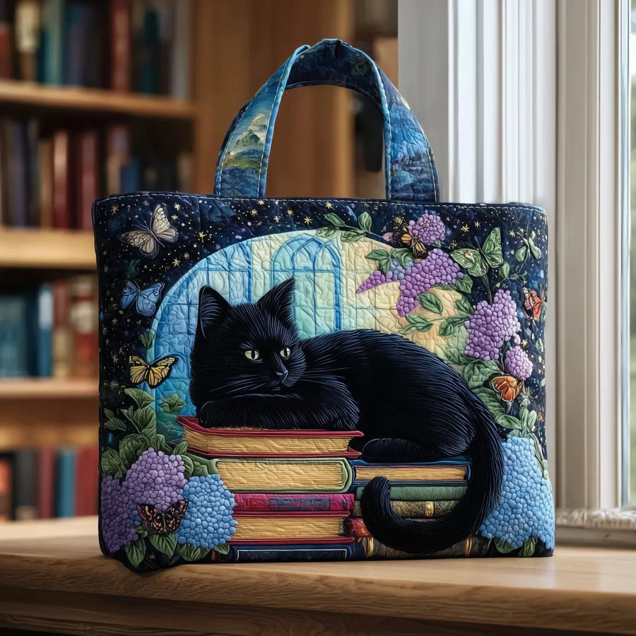 Handgefertigte Tasche - Schwarze Katze auf Büchern
