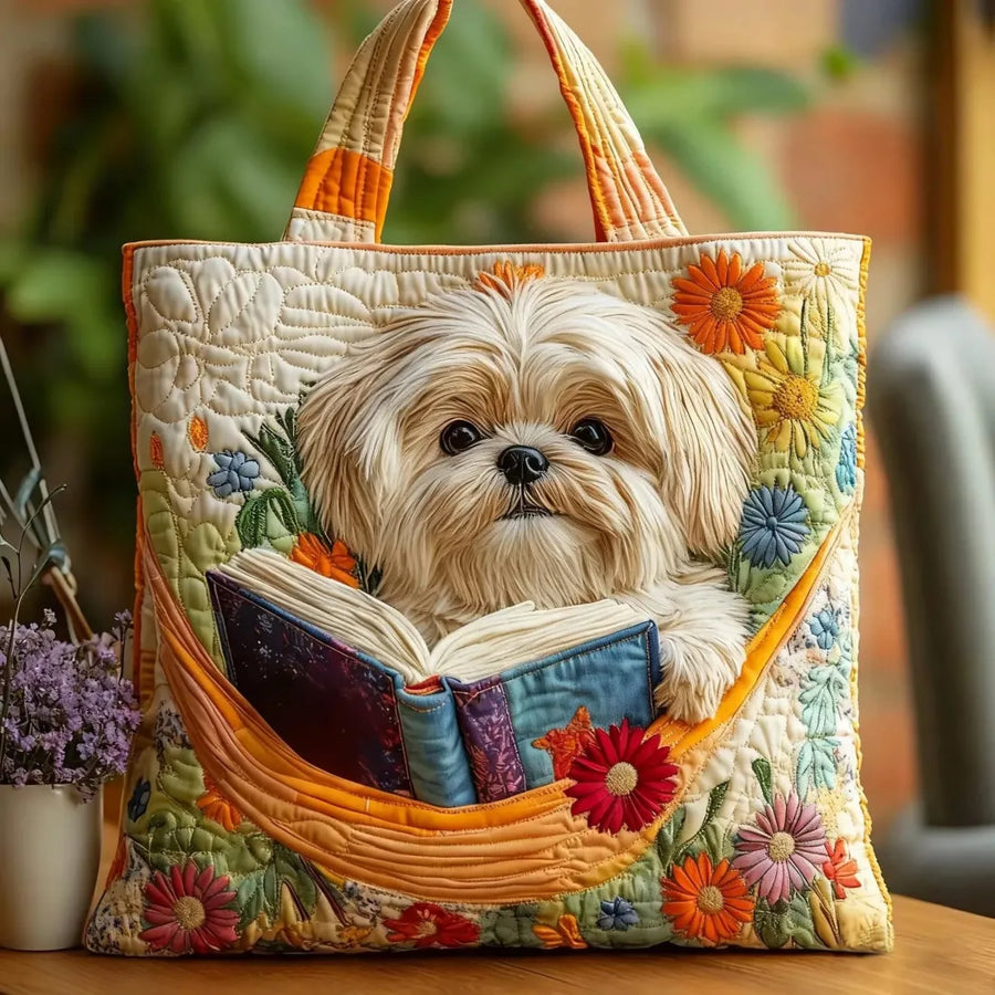 Handgefertigte Tasche - Shih Tzu mit Büchern und Blumen