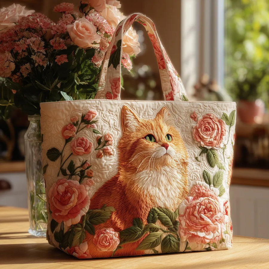 Handgefertigte Tasche - Rote Katze mit Rosen