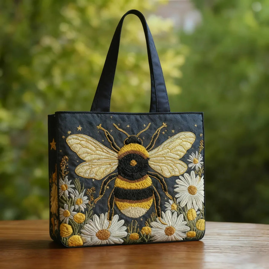 Handgefertigte Tasche - Biene mit Gänseblümchen und Sternen